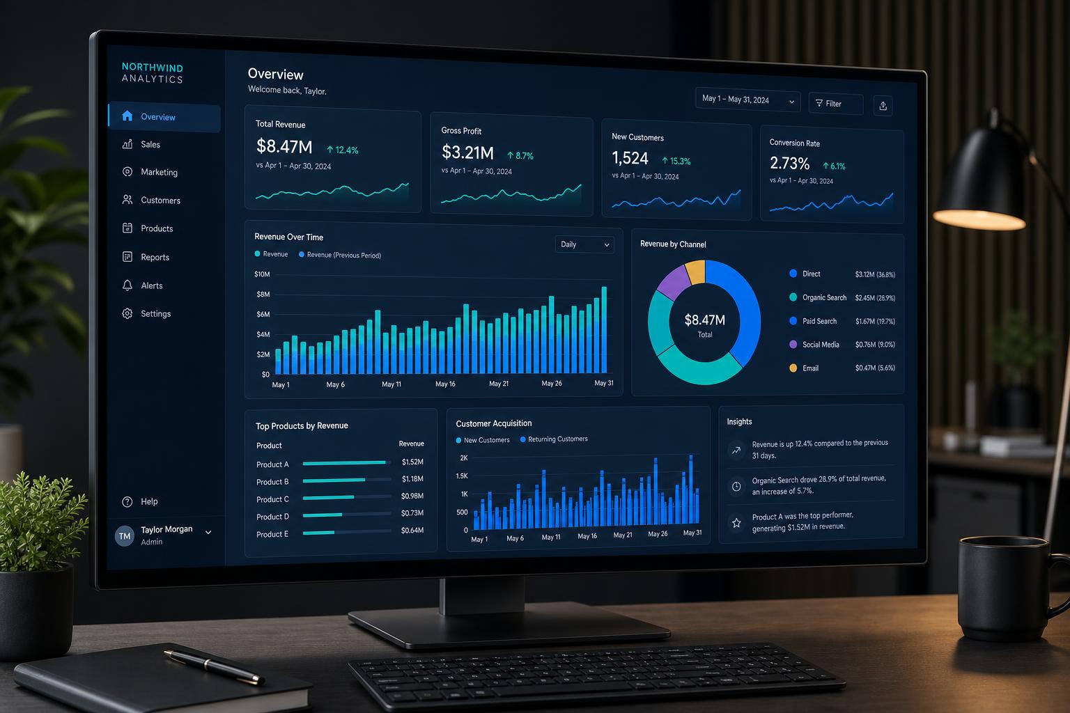 Widescreen monitor showing a Power BI style business intelligence dashboard with KPI cards and charts