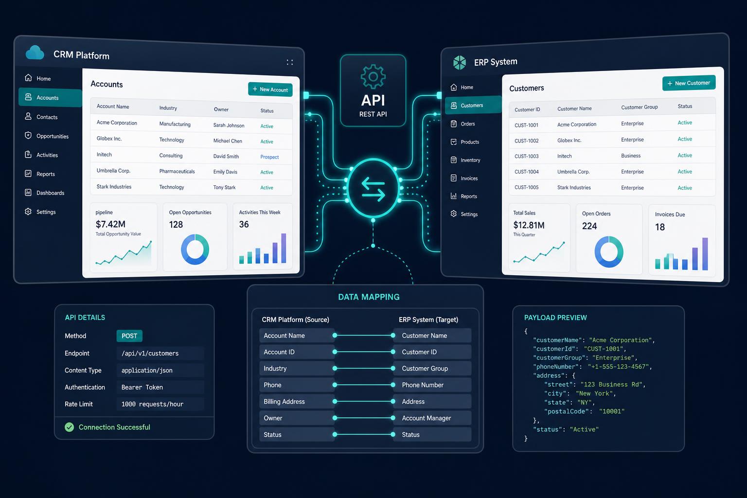 Two business software dashboards connected by an API data pipeline with a field mapping panel