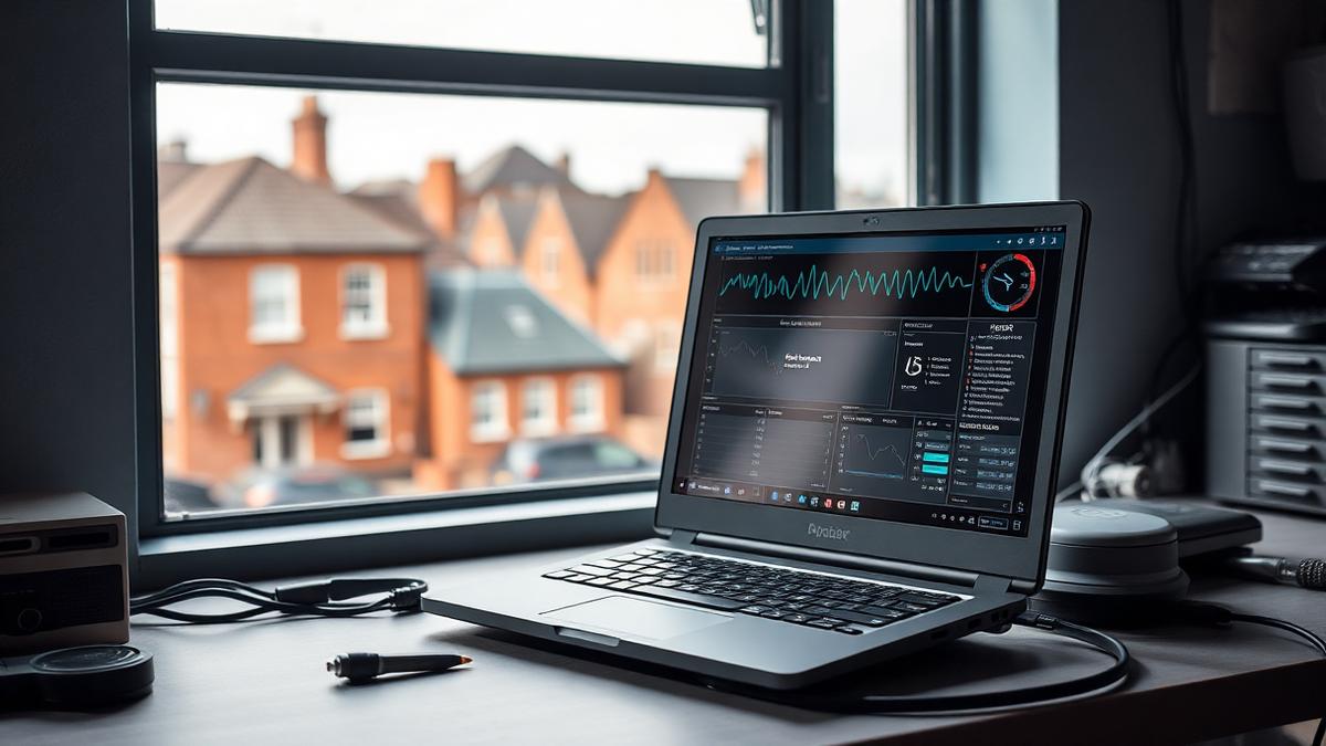 Laptop running diagnostic software on a workbench with Bolton red brick rooftops through the window