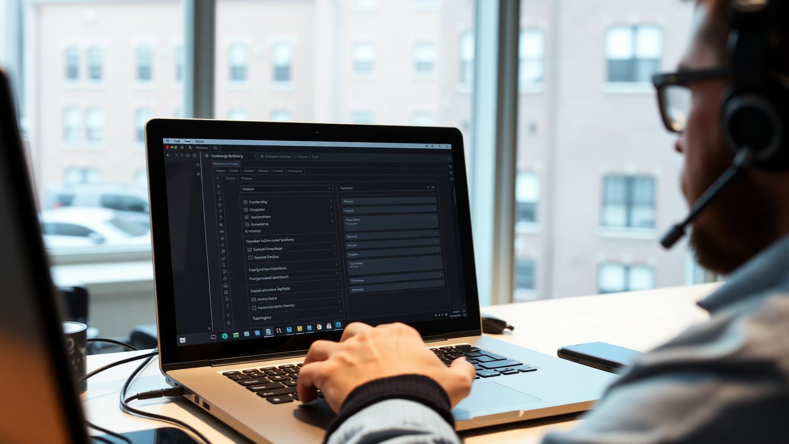 Technician configuring software on a laptop in an Ashton-under-Lyne office