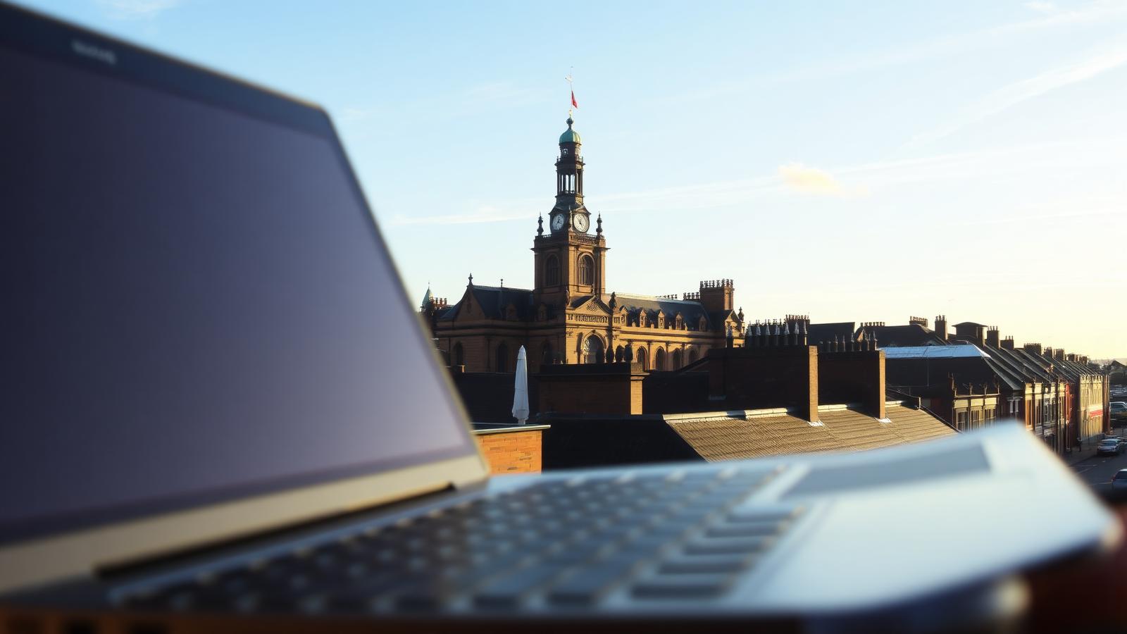 Bolton town hall clock tower at golden hour with a laptop in the foreground