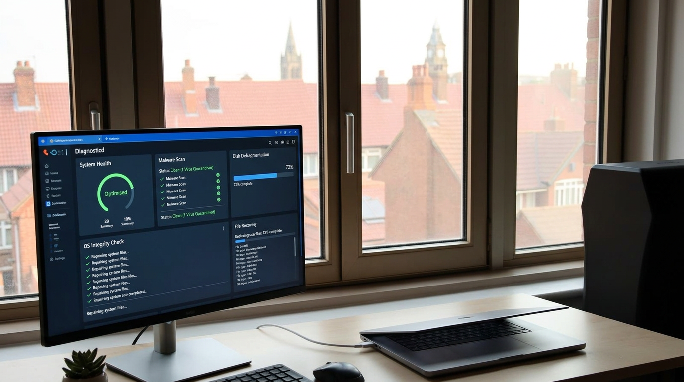 Closed laptop on a desk running software diagnostics and OS repair tools, with Bolton rooftops visible through the window