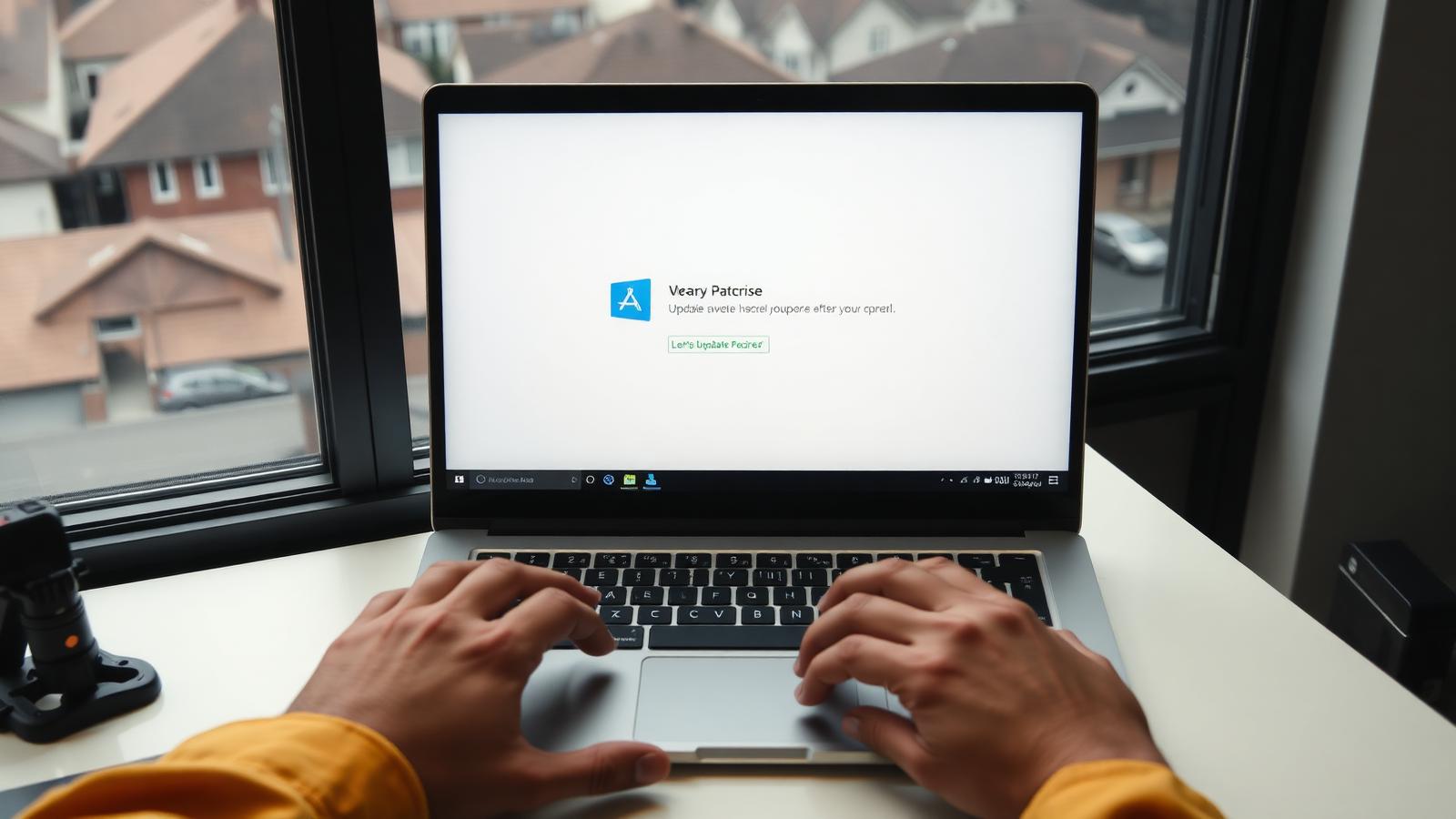 Laptop showing a software update and repair screen in a Denton home office