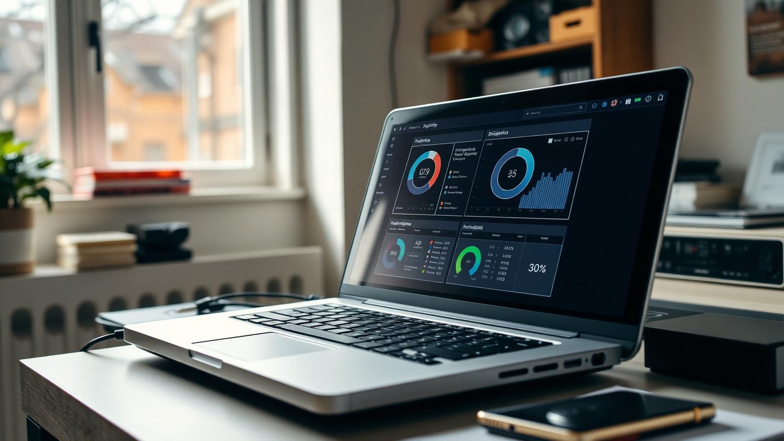 Laptop displaying a software diagnostics dashboard on a tidy Hyde home-office desk