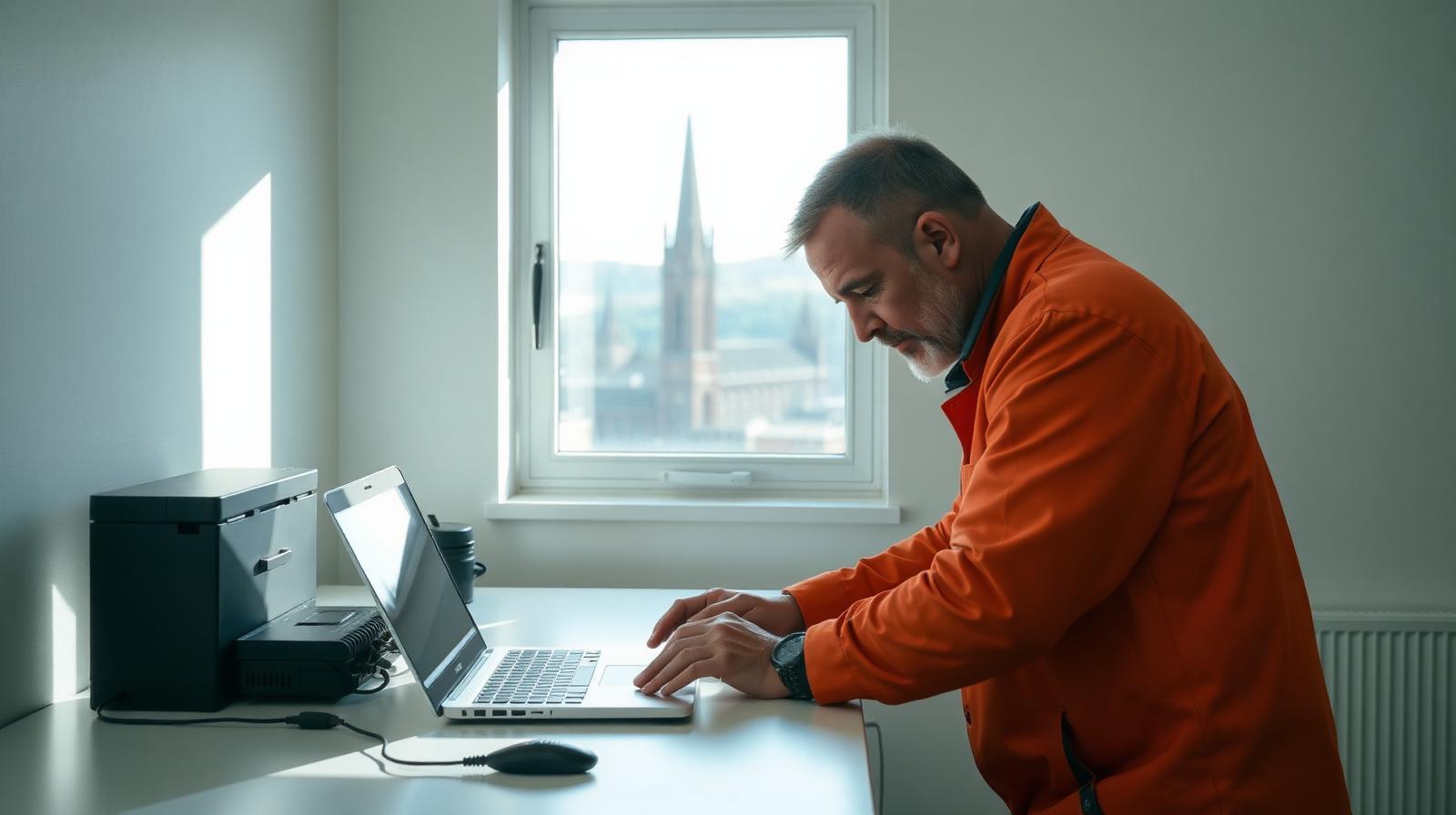 Senior technician repairing a laptop on a clean workbench with Rochdale rooftops visible through a window