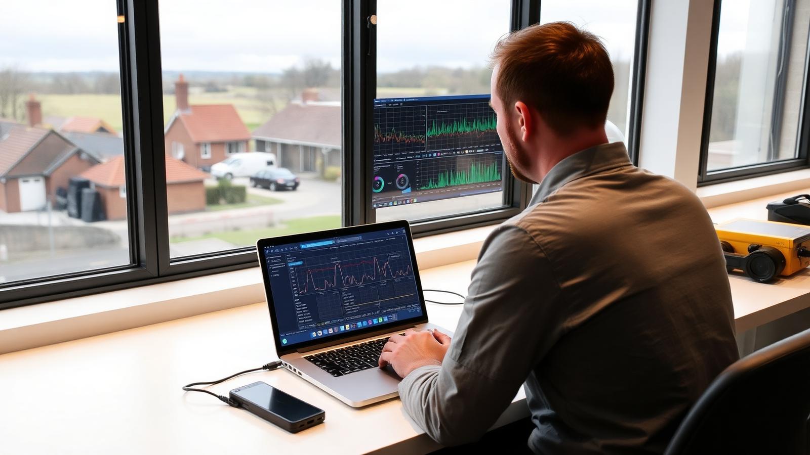 Technician reviewing software performance diagnostics on a laptop across Tameside